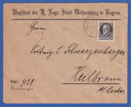 Bayern 25 Pf. Ludwig III. Mi-Nr.98 II A auf Dienstbrief Weißenburg n. Heilbronn