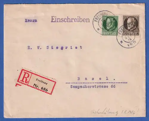 Bayern 40 Pf. Ludwig III. Mi-Nr.100 I A auf R-Brief von Freihung nach Basel CH