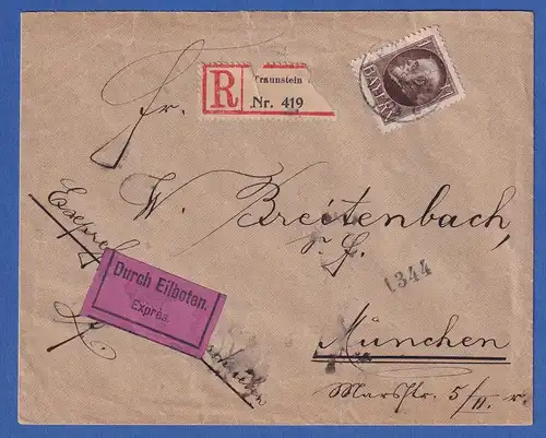 Bayern 1 Mark Ludwig III. Mi-Nr.104 II A auf Eil-R-Brief Traunstein n. München