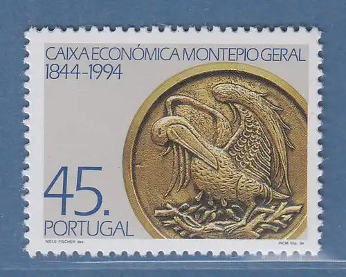 Portugal 1994 Gründung der 1. Sparkasse 1844 ,Medaille Pelikan Mi.- Nr. 2049 **