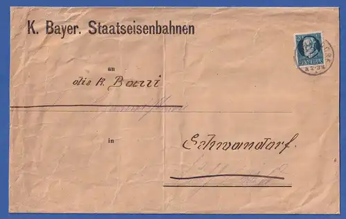 Bayern Dienstmarke 20 Pf Ludwig III. Mi-Nr. 15 auf Dienstbrief nach Schwandorf