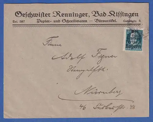 Bayern 20 Pf Ludwig III. Mi-Nr.173 A Geschäftsbrief Bad Kissingen nach Nürnberg