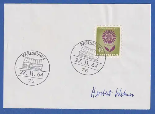 Herbert Wehner original-Autogramm auf Vorlage mit Briefmarke 1964