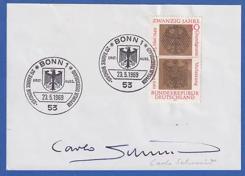 Carlo Schmidt original-Autogramm auf Vorlage mit Briefmarke, 1969