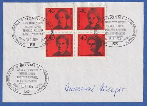 Annemarie Renger original-Autogramm auf Vorlage mit Briefmarke, 1974