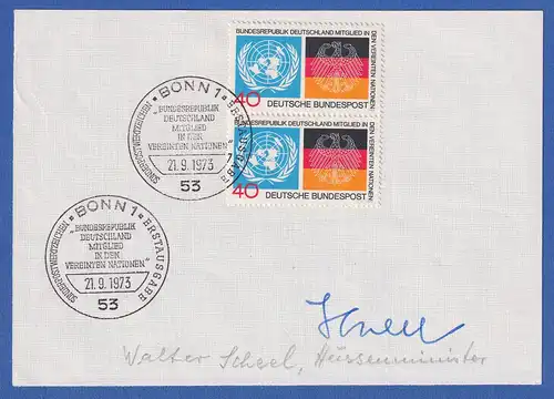 Walter Scheel original-Autogramm auf Vorlage mit Briefmarke 1973