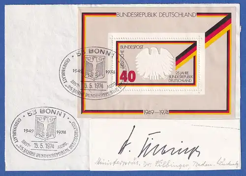 Hans Filbinger original-Autogramm auf Vorlage mit Briefmarke 1974