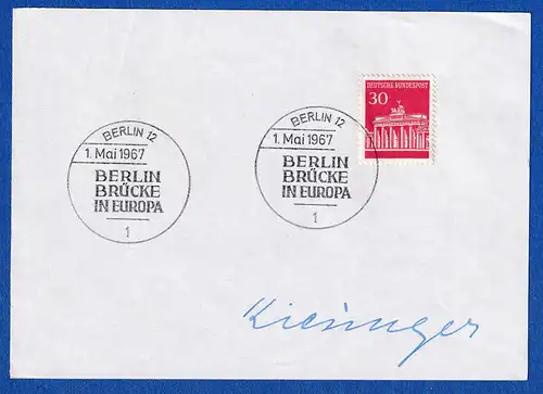 Kurt Georg Kiesinger original-Autogramm auf Vorlage mit Briefmarke, 1967
