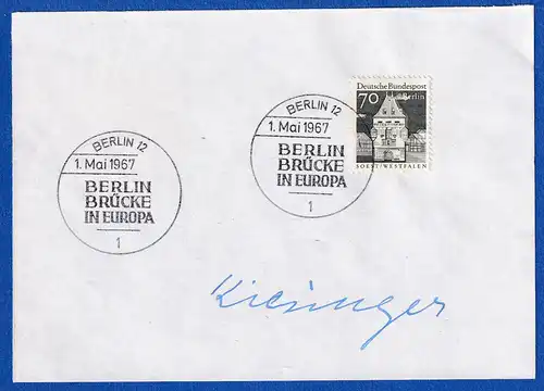Kurt Georg Kiesinger original-Autogramm auf Vorlage mit Briefmarke 1967