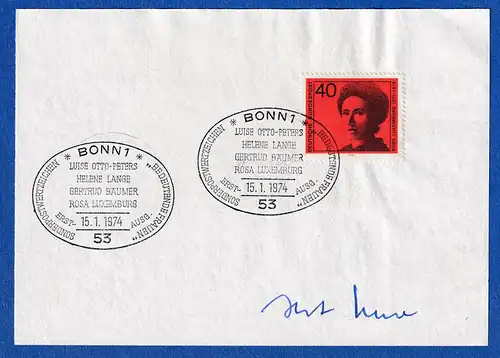 Horst Ehmke original-Autogramm auf Vorlage mit Briefmarke, 1974