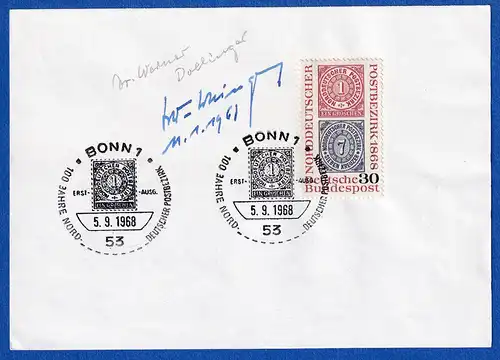 Werner Dollinger original-Autogramm auf Vorlage mit Briefmarke 1968