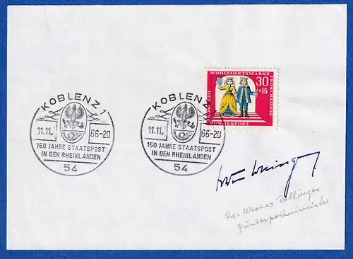 Werner Dollinger original-Autogramm auf Vorlage mit Briefmarke 1966