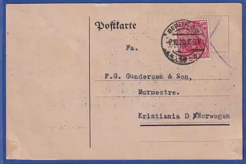 Dt. Reich Inflation, Mi.-Nr. 145 a I, EF auf Postkarte n. Norwegen FB BECHTHOLD
