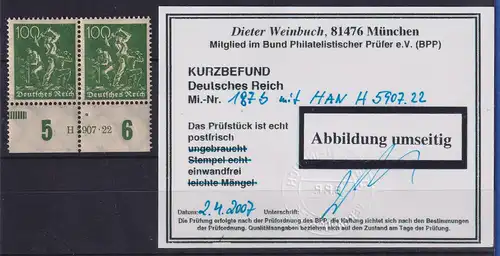 Dt. Reich Inflation Mi.-Nr. 187 b Unterrandpaar mit HAN ** gepr. KB WEINBUCH BPP