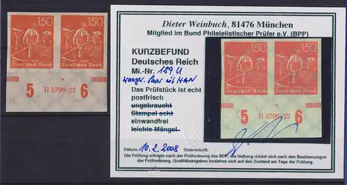 Dt. Reich Inflation Mi.-Nr. 189 U Unterrandpaar mit HAN ** gepr. KB WEINBUCH BPP