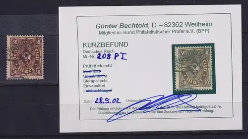 Dt. Reich Inflation, Mi.-Nr. 208 P I gestempelt und gepr. KB BECHTHOLD BPP