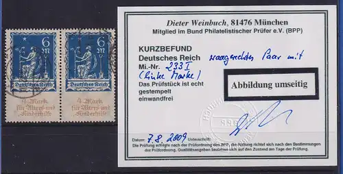 Dt. Reich Inflation, Mi.-Nr. 233 I waag. Paar O und gepr. KB WEINBUCH BPP