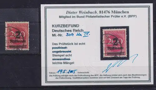 Dt. Reich Inflation, Mi.-Nr. 309 W a PF IV gestempelt u. gepr. KB WEINBUCH BPP