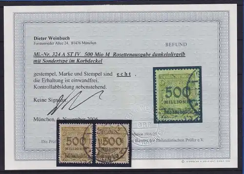 Dt. Reich Inflation 500 Millionen Mi.-Nr. 324 seltene Sondertype ST IV O FB BPP