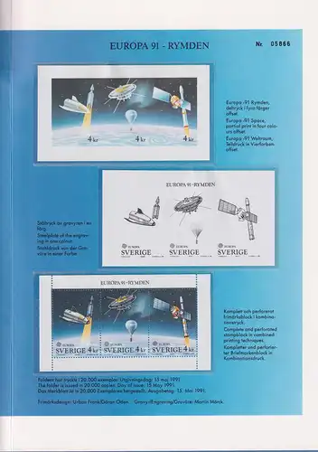 Schweden 1991 Europa-CEPT Raumfahrt Mi.-Nr.  1663-65 Folder mit Phasendrucken **