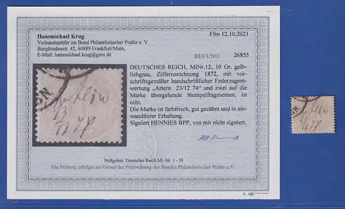 Dt. Reich 10 Gr. Mi.-Nr. 12 mit O und Federzug-Entwertung Befund KRUG BPP