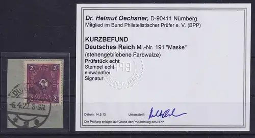 Dt. Reich Inflation, Mi.-Nr. 191 sog. Maske O gepr. KB OECHSNER BPP a. Briefstk.