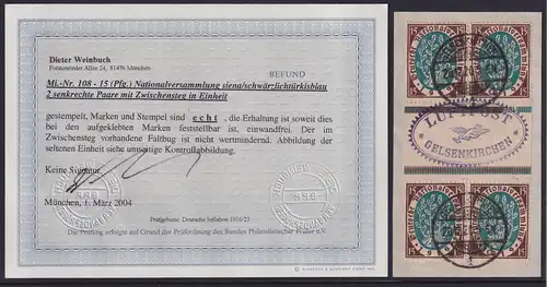 Dt. Reich Inflation Nationalverslg. Mi.-Nr. 108  senkr. ZWISCHENSTEGPAAR O gepr.