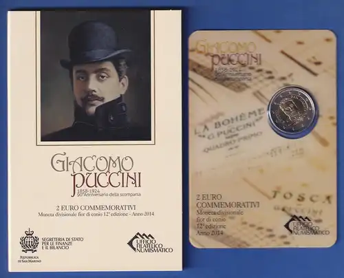 San Marino 2-Euro Gedenkmünze 2014 GIACOMO PUCCINI stgl im Folder 