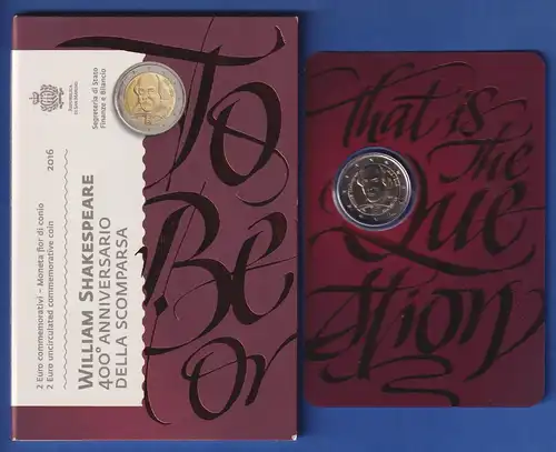 San Marino 2-Euro Gedenkmünze 2016 WILLIAM SHAKESPEARE stgl im Folder 