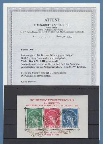 Berlin 1949 Währungsgeschädigte Block 1 mit PLF III , ET-O 17.12.49, Attest BPP