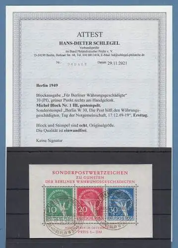 Berlin 1949 Währungsgeschädigte Block 1 mit PLF III , ET-O 17.12.49, Attest BPP