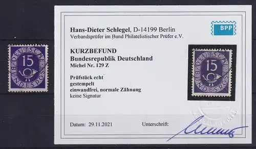 Bundesrepublik 1951 Posthorn 15 Pf WZ-Abart Mi.-Nr.129 Z O gepr. KB SCHLEGEL BPP