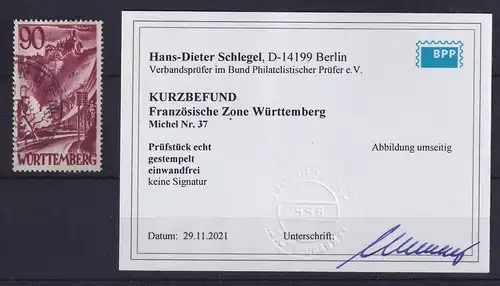 Frz. Zone Württemberg, 1948 Mi.-Nr. 37 gestempelt, geprüft KB SCHLEGEL BPP
