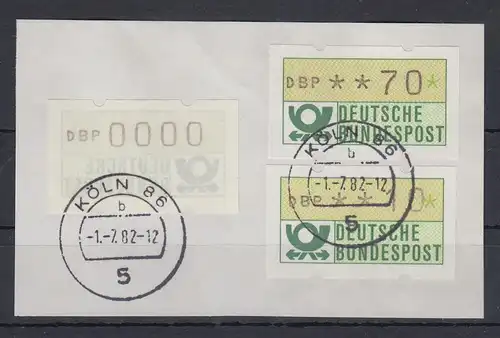 ATM 1. Ausgabe Testdruck DBP 0000 als Gummidruck gest. KÖLN 1.7.82 , Briefstück