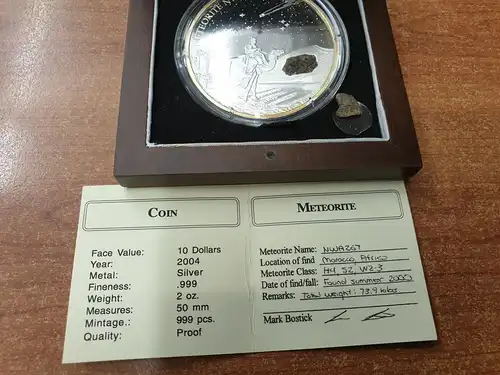Liberia 2004 Meteoriten-Münze  2 Unzen Ag999 PP im Orig-Etui mit Zertifikat