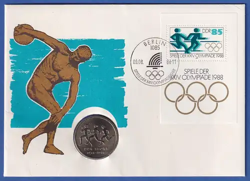 Offiz. DDR-Numisbrief mit 10 Mark Gedenkmünze Olympiade 1988 und DDR Block 94