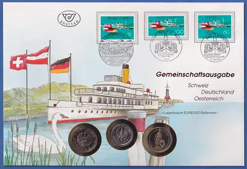 Großformatiger Numisbrief Gemeinschaftsaugabe D - CH - A 1993 Bodenseeregion