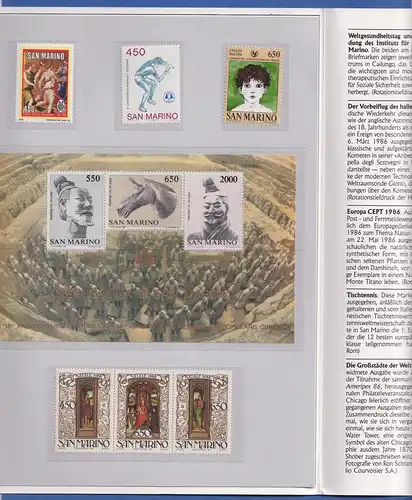 San Marino 1986 Alle Briefmarken und Gedenkblock des Jahrgangs im Folder **