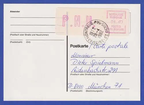 Frankreich EMD-Camp ATM LS2 PC 93048 Wert P.N.U. 1,40 auf Postkarte nach D