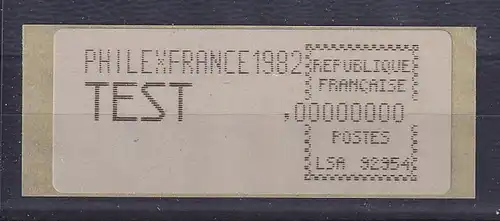 Frankreich Sonder-ATM PHILEXFRANCE 1982 Druckprobe TEST REPUBLIQUE F schwarz**