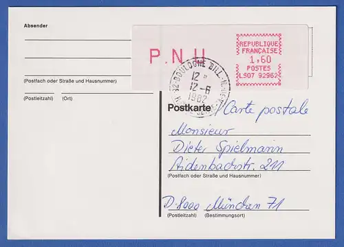 Frankreich ATM Crouzet LS07 92962 P.N.U. 1,60 auf Postkarte nach D
