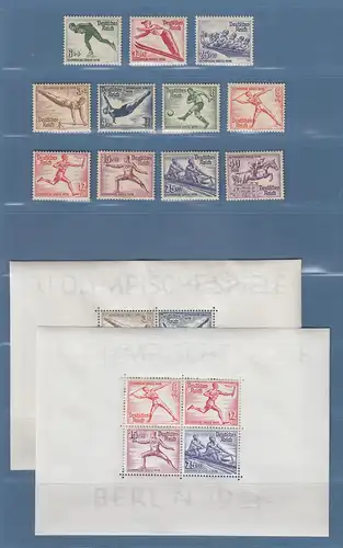 Deutsches Reich 1936 Olympiade Garnitur kpl. ** mit 11 Marken und beiden Blocks