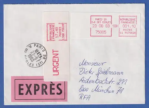 Frankreich ATM Crouzet LS08 75628 URGENT 17,40 auf Expr.-Brief n. München, 1983