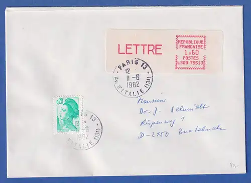 Frankreich ATM Crouzet LS09 75513 LETTRE 1,60 r.E. mittelrosa auf Brief 11.6.82