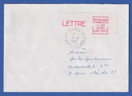 Frankreich ATM Crouzet LS09 75513 LETTRE 1,80 auf Brief nach München, 11.6.82