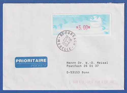 Frankreich ATM Vogelzug Automat LISA Wert 3,00 auf Brief, O FORBACH April 1998