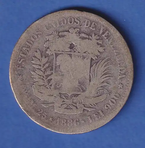 Venezuela 1886 Silber-Kursmünze 5 Bolivares 25g Ag900