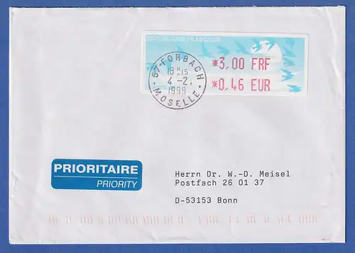 Frankreich ATM Vogelzug Automat LISA 3,00 FRF / 0,46 EUR auf Brief FORBACH 1999