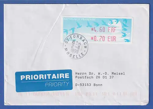 Frankreich ATM Vogelzug Aut. LISA Wert 4,60 FRF / 0,70 EUR auf Brief O FORBACH