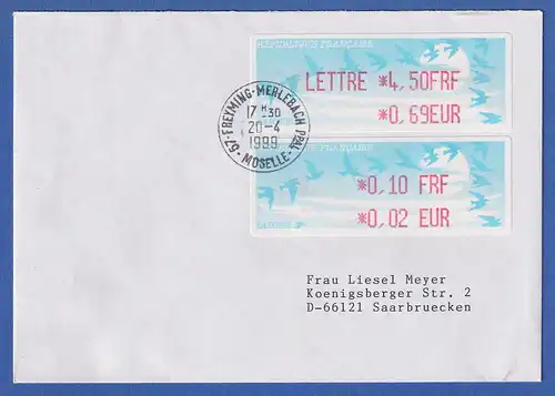 Frankreich ATM Vogelzug Aut. LISA  FRF / EUR 2 Werte auf Brief O FREYMING 1999